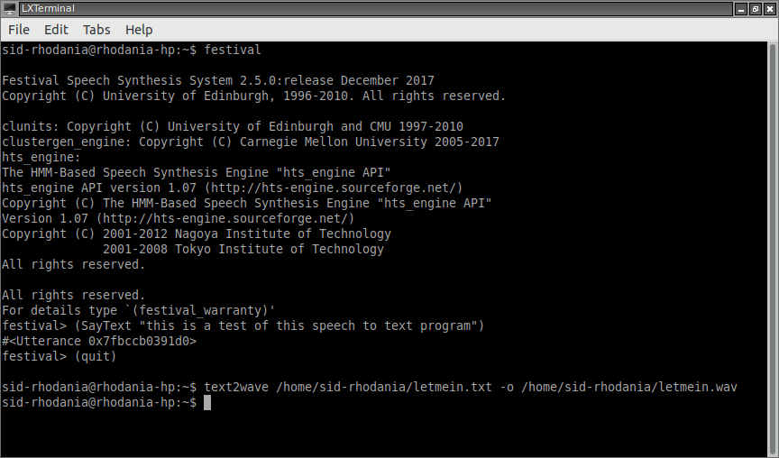 Figure 1 - Screenshot of Festival TTS software running in an executable shell.